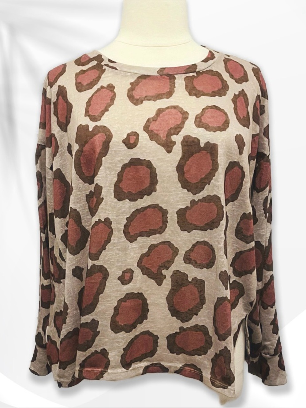Umgee Oversized Leopard Print Long Sleeve Tee in Brown & Taupe 1X-3X